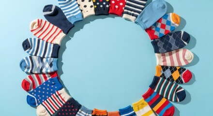 Fototapeta premium Circle of Colorful Socks on Blue Pastel Background