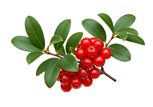 Red lingonberry branch with green leaves isolated on white background cowberry mountain cranberry transparent png cutout.