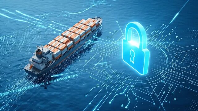 Secure global cargo shipping concept: container vessel on digital ocean protected by glowing padlock and data network