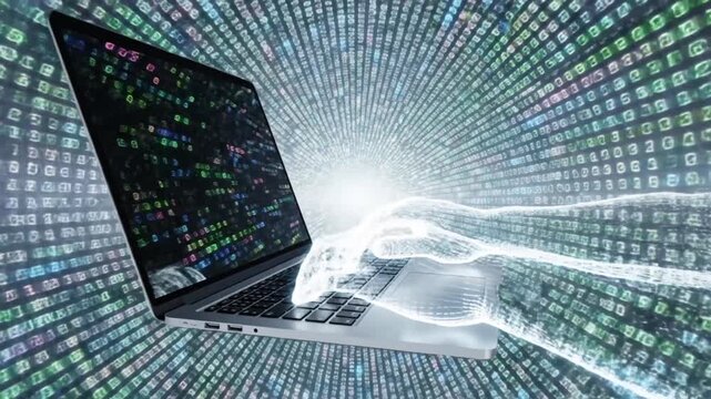 Laptop with glowing hands interacting with digital data streams, showcasing the flow of information and artificial intelligence algorithms in a futuristic environment