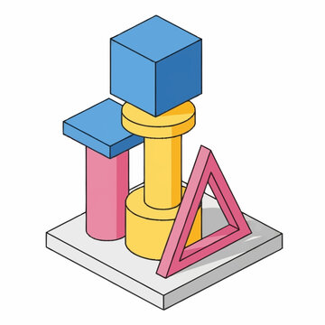 Abstract geometric shapes composition isometric view.
