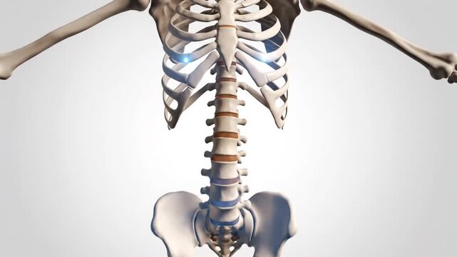 Close-up view of the human rib cage and spine, highlighting the thoracic and lumbar vertebrae.