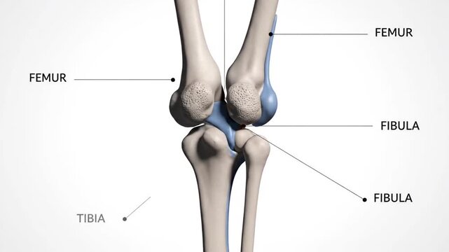 Anatomical illustration of the human knee joint, highlighting the femur, tibia, and fibula bones with labels.