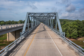 Empty Bridge With Road Over the Brazos River in Mineral Wells, Texas Aerial Drone View 