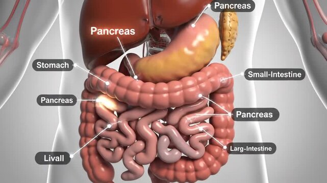Detailed 3D illustration of the human digestive system, highlighting the stomach, intestines, pancreas, and liver.