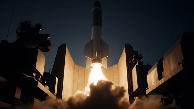 Rocket prepared for launch surrounded by futuristic structures