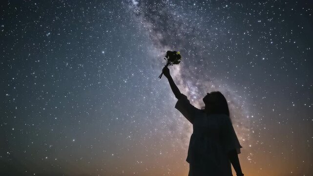 夏の薄明、天の川に向けて花束を掲げる日本人の夜