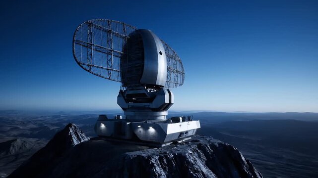Large radar antenna dish overlooking ocean from mountain