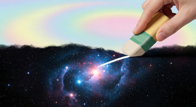 A hand with an eraser removing a vibrant galaxy to reveal a soft, colorful, abstract sky.