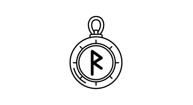 A line drawing of a pendant with a rune symbol.