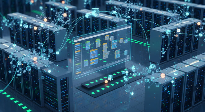 Futuristic server farm with blue glowing particles holographic screens and interconnected racks in advanced data processing visualization