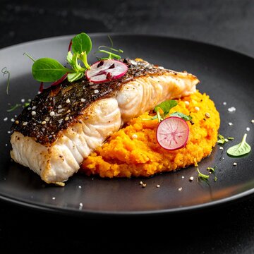 Fisch mit S&uuml;&szlig;kartoffelp&uuml;ree