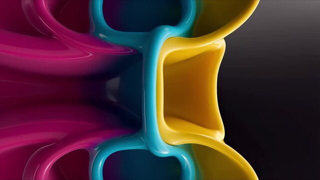 Curved glossy shapes in magenta, cyan, and yellow interlock like soft plastic channels, catching highlights against a dark gradient backdrop while the camera glides past smooth edges and shadows.