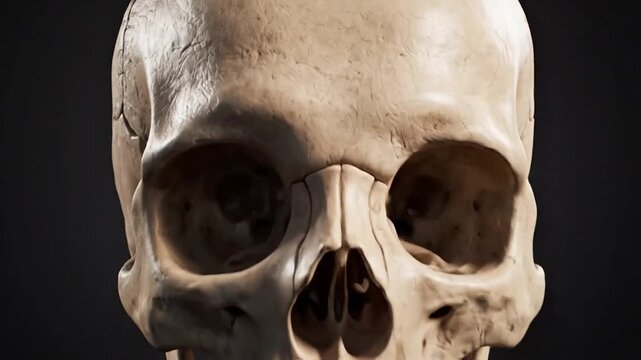 Close-up view of a human skull against a dark background.