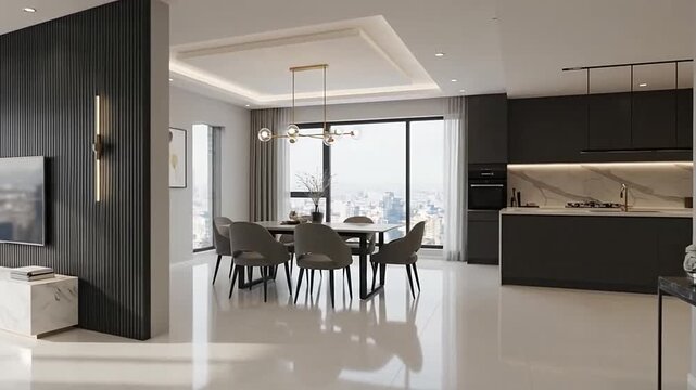 Luxurious modern open-plan interior with contemporary kitchen and dining area, featuring large windows overlooking a snowy landscape.