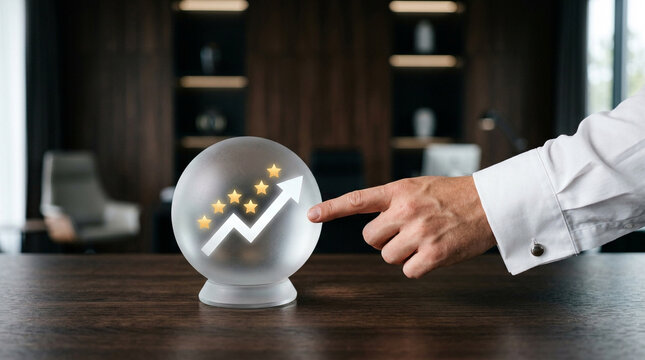 Businessman pointing finger at crystal ball showing rising arrow graph and golden stars signifying future success prediction and business performance forecasting