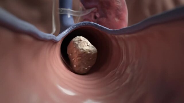 Close-up 3D illustration of a kidney stone blocking a ureter, causing obstruction and pain.