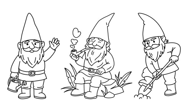Set of three funny garden gnomes, vector characters collection