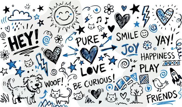 Colorful Doodle Illustration of Happy Animals and Words