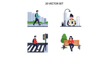 Fototapeta premium People Engaging in Daily Urban Activities Vector Set with Walking, Crossing Street, Reading, and Relaxing in a Park, in bright studio.