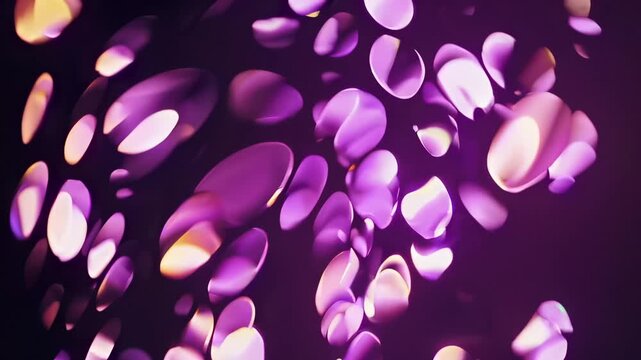 Out-of-focus luminous ovals drift across a deep purple backdrop, glowing in shades of violet, magenta, and warm gold, creating a dreamy bokeh pattern with soft highlights and gentle motion.