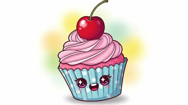 A cartoon cupcake with pink frosting, a cherry on top, and a blue wrapper