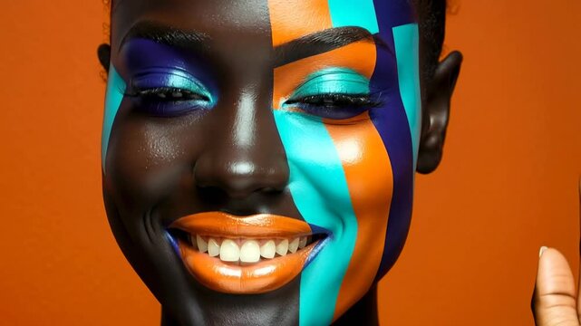 A woman smiles while showing off her vibrant face paint. The colors include orange and blue, creating a striking look. This artistic makeup highlights creativity and skill.