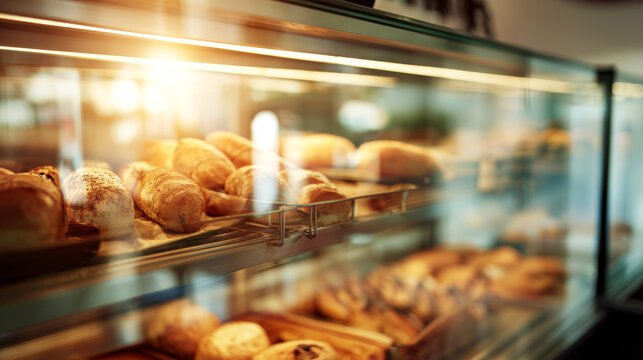 Bakery display case showcasing fresh baked goods, offering delicious croissants and bread rolls under warm lighting