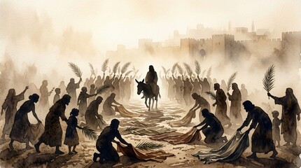 Obraz premium Triumphal Entry of Jesus into Jerusalem Biblical Scene Palm Sunday Holy Week Christianity Art