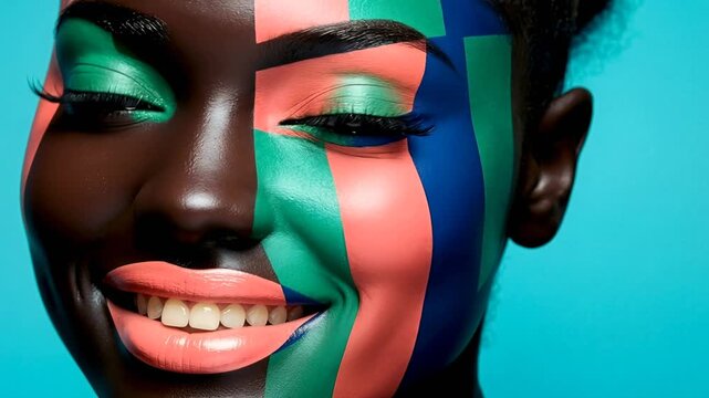 A group of artists creates bold designs using paint on faces in a bright studio. They blend colors while smiling and expressing joy. The atmosphere is lively and energetic.