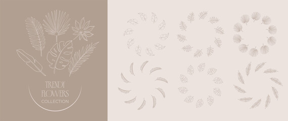 A set of elegant frames made from tropical leaves. Wreaths made from plants for decorating wedding gifts and various prints. © Oleh