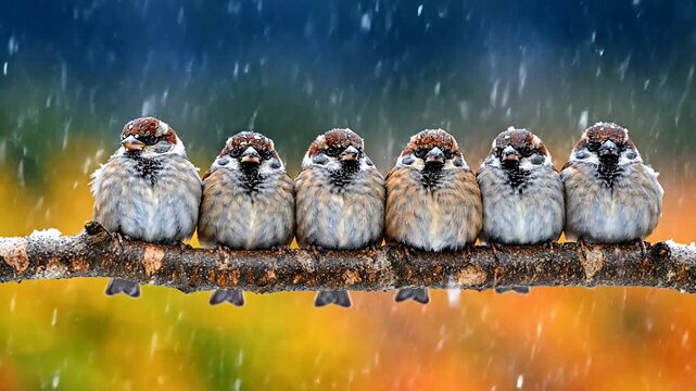 House sparrows huddle on icy branch during winter snow