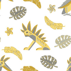 Fototapeta premium Seamless tropical pattern with hand drawn stylized fantasy bird, animal, palm leaves, frangipani flowers in grey and yellow on transparent background. Ideal for textile, wallpaper, home decoration