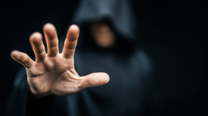 Obraz premium Mysterious hooded person extending a hand from shadows, conveying concepts of hidden identity, fear, warning, or offering assistance