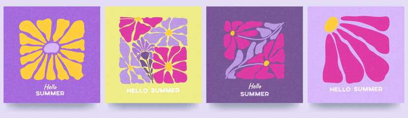An abstract set of greeting cards with the inscription Hello Summer. Hand-drawn waves, leaves, and flowers. Vintage grain texture. Template for packaging, banners, and advertising. © Riva