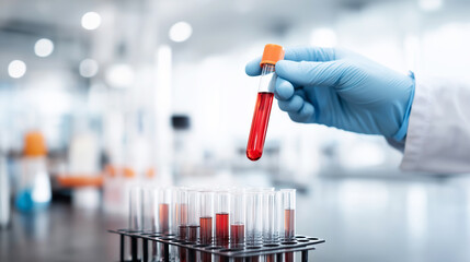 Gloved hand holding a test tube with a blood sample in a laboratory, performing scientific research for medical diagnostics