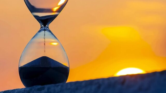 An hourglass sits on a table as sunlight fades in the background. The sand slowly falls through the glass, marking the passage of time as day turns to night in a striking view.