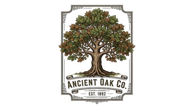 Ancient oak company logo with tree and vintage design