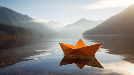 Naklejka premium Orange paper boat floating on calm mountain lake, reflecting tranquil landscape and a warm sunbeam