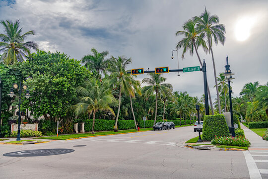 Palm trees and traffic lights at quiet tropical street intersection in Naples Florida residential neighborhood