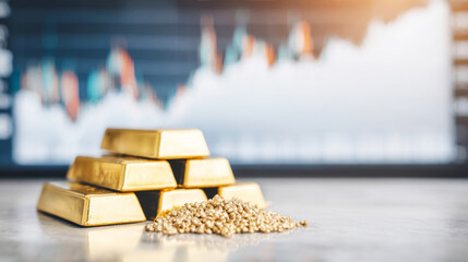 Stacking gold bars and nuggets with a glowing financial chart reflecting growth and market investment