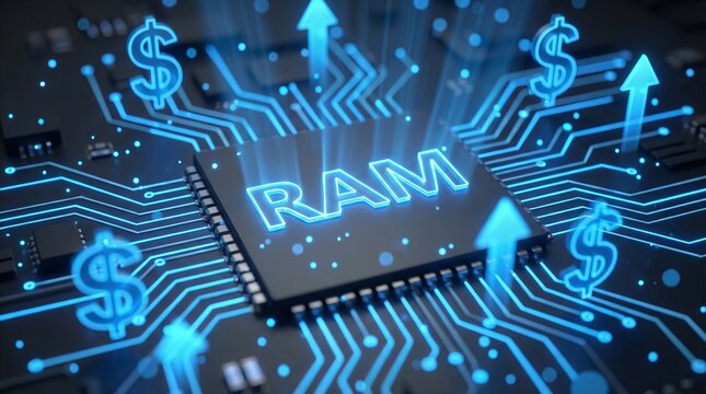 Glowing RAM chip on a blue circuit board with dollar symbols and rising arrows, memory shortage, price increase, AI data center demand.