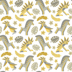 Fototapeta premium Seamless tropical pattern with hand drawn stylized bird, horse, fantasy animal, palm leaves, frangipani flowers in grey and yellow on transparent. Ideal for textile, wallpaper, nursery design