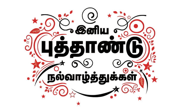 A vibrant and festive graphic design in Tamil script with red and black swirls