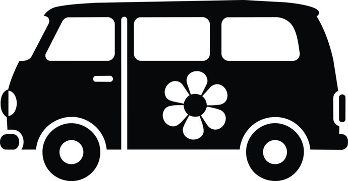 Black and white silhouette of a classic hippie van with a flower decal.