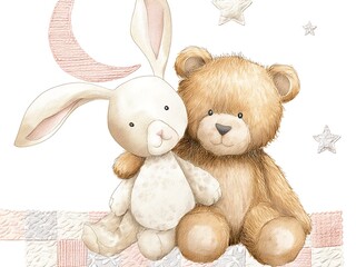 Fototapeta premium Cute watercolor illustration of a white bunny and teddy bear sitting together under the moon, nursery art for kids