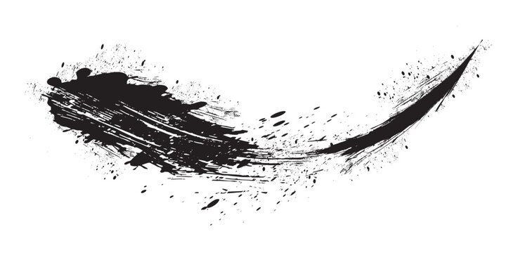 Abstract black paint brush stroke with ink splatter isolated on transparent background, dynamic grunge brush swipe, artistic hand drawn paint streak design element for banners, textures and creative c