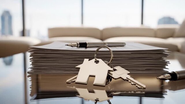 Modern living room with white sectional sofa, glass coffee table, and real estate documents featuring house keys and pens, overlooking a city skyline through large windows
