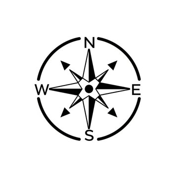 A black and white graphic illustration of a compass rose with cardinal directions N, S, E, W and arrows indicating intermediate directions.