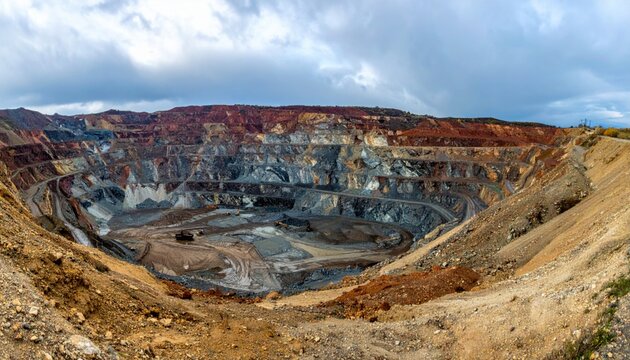 A wide-angle, low-shot perspective captures a massive open-pit rare earth mine, revealing its terraced structure and industrial scale under a cloudy sky.